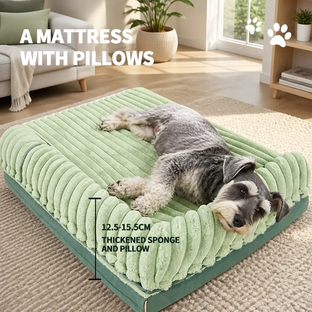 Striped Velvet Dog Bed Detachable Washable Reversible Dual-Sided Green Pet