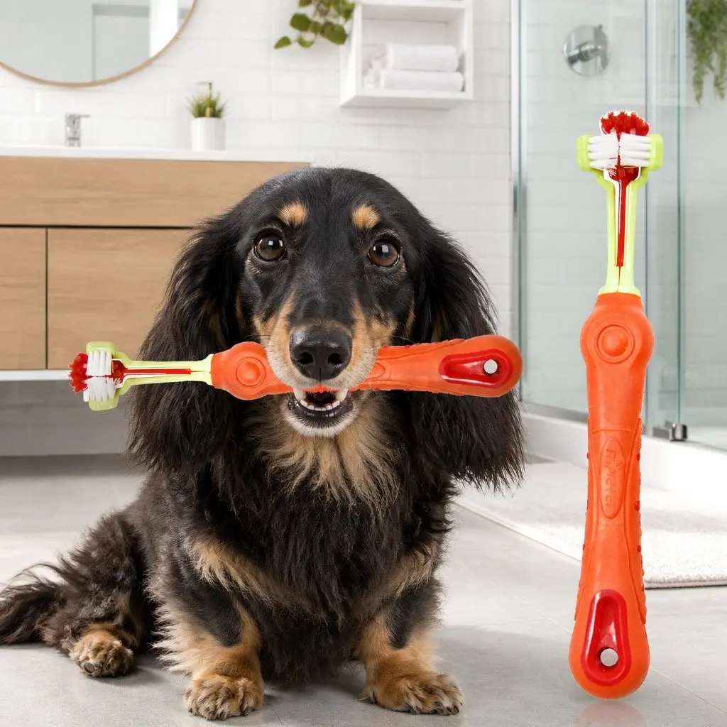 Three-Head Dog Cat Toothbrush Multi-Angle Oral Cleaning Pet Care Tool Orange