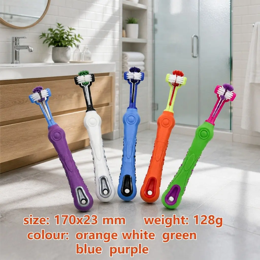 Three-Head Dog Cat Toothbrush Multi-Angle Oral Cleaning Pet Care Tool Orange