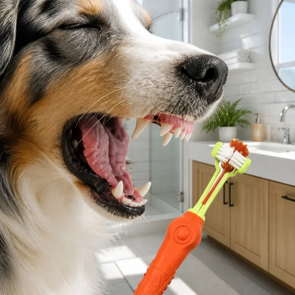 Three-Head Dog Cat Toothbrush Multi-Angle Oral Cleaning Pet Care Tool Orange