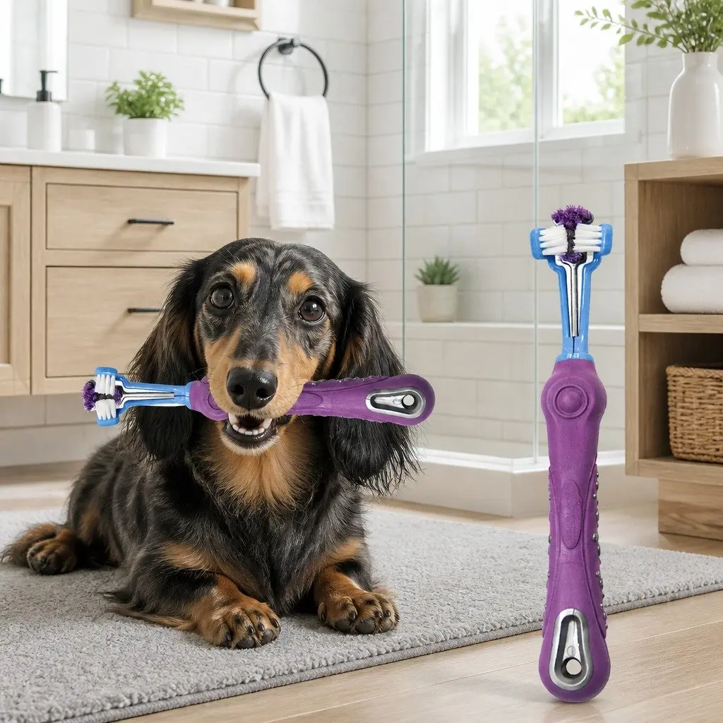 Multi-Angle Pet Toothbrush Three-Head Purple 17cm for Dogs Cats Teeth Cleaning Oral Care Tool