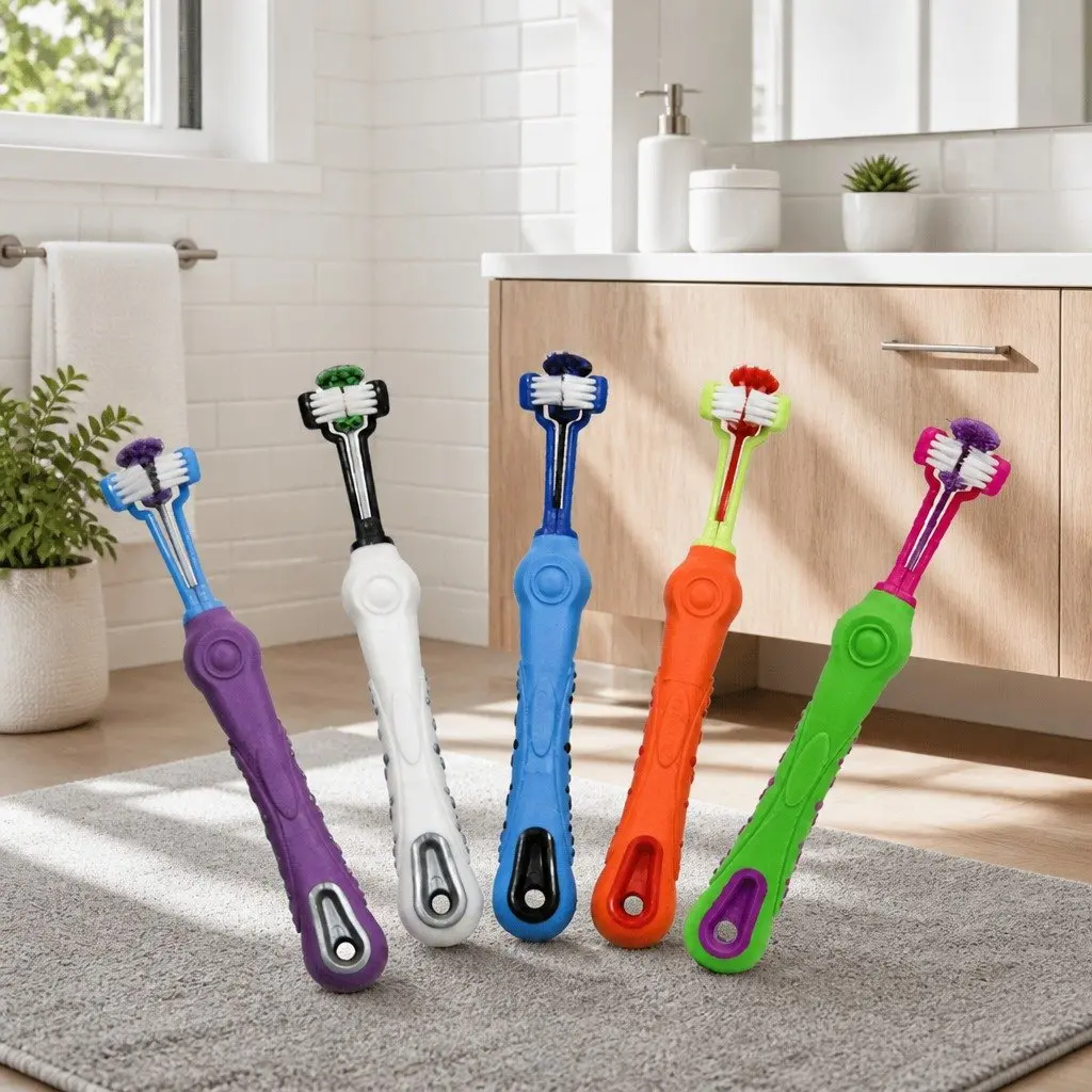 Multi-Angle Pet Toothbrush Three-Head Purple 17cm for Dogs Cats Teeth Cleaning Oral Care Tool