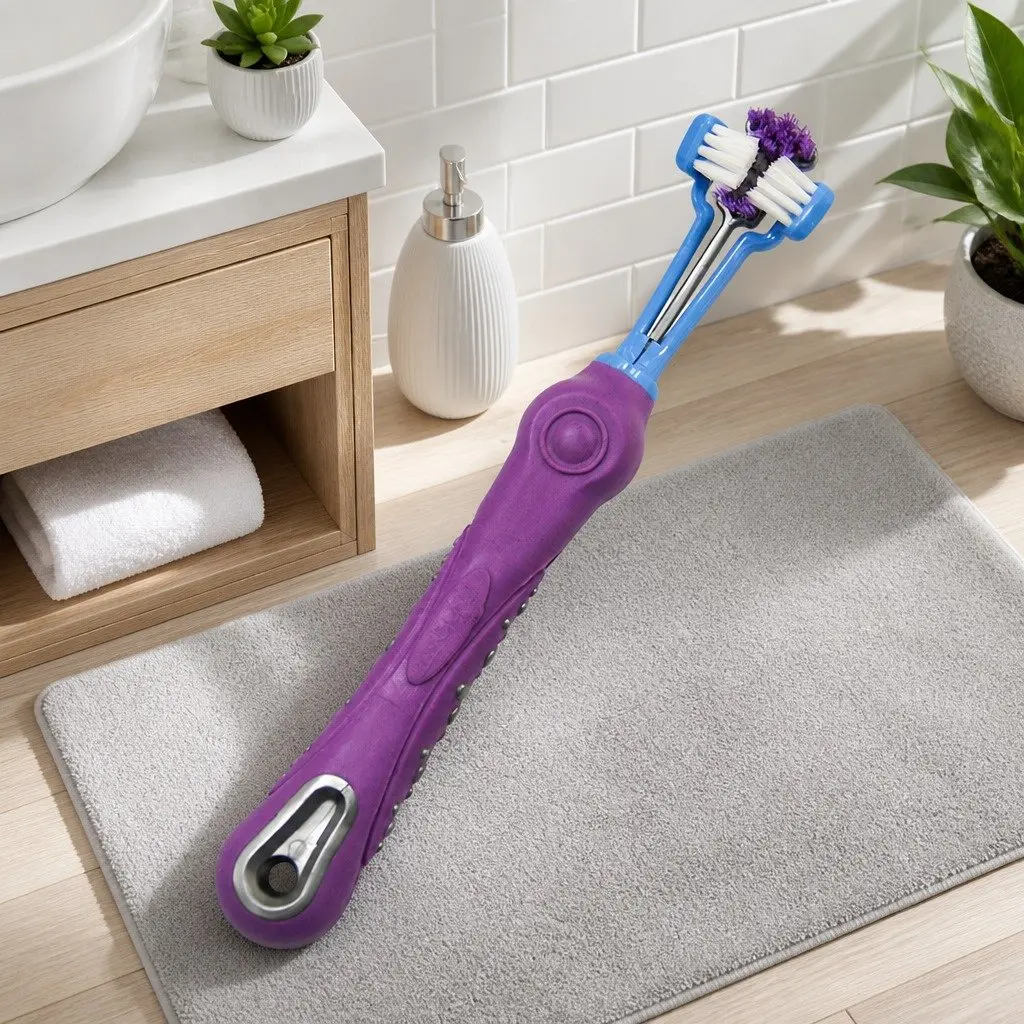 Multi-Angle Pet Toothbrush Three-Head Purple 17cm for Dogs Cats Teeth Cleaning Oral Care Tool
