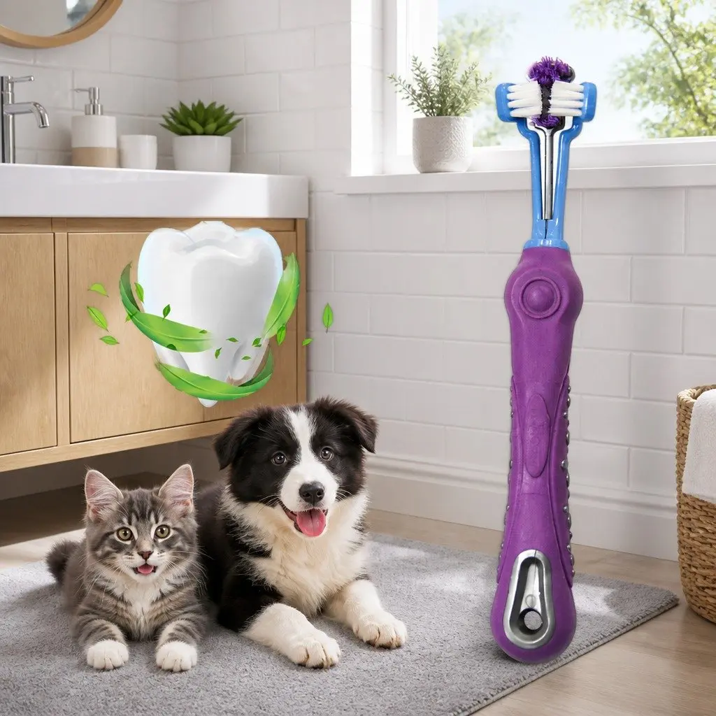 Multi-Angle Pet Toothbrush Three-Head Purple 17cm for Dogs Cats Teeth Cleaning Oral Care Tool
