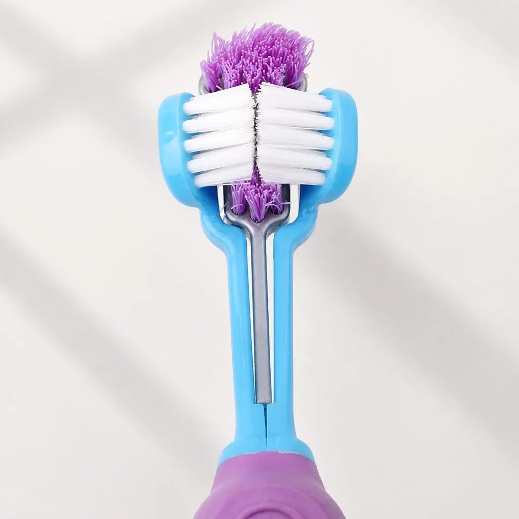 Multi-Angle Pet Toothbrush Three-Head Purple 17cm for Dogs Cats Teeth Cleaning Oral Care Tool