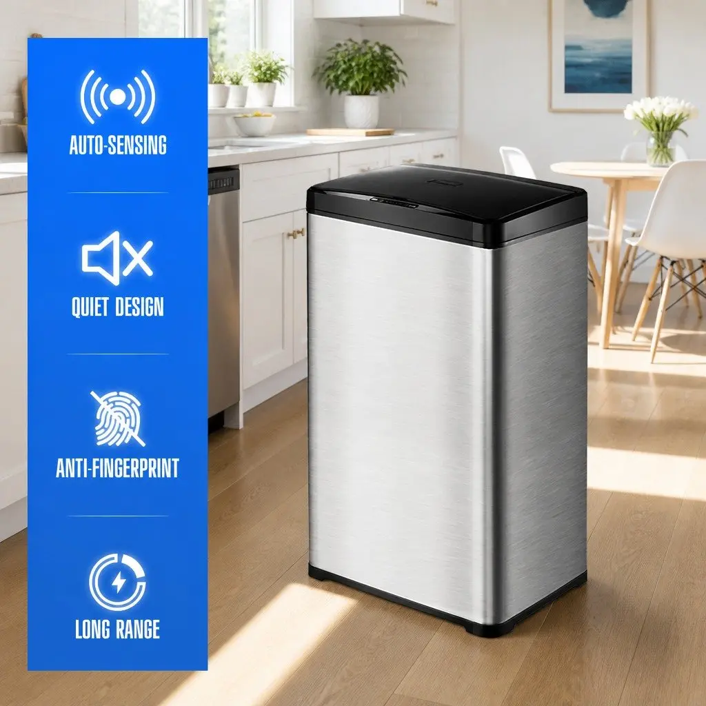 42L Stainless Steel Motion Sensor Trash Can Black Kitchen Waste Bin