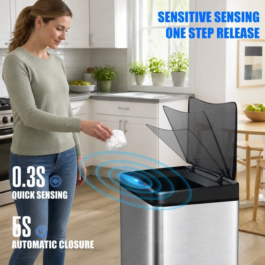 42L Stainless Steel Motion Sensor Trash Can Black Kitchen Waste Bin