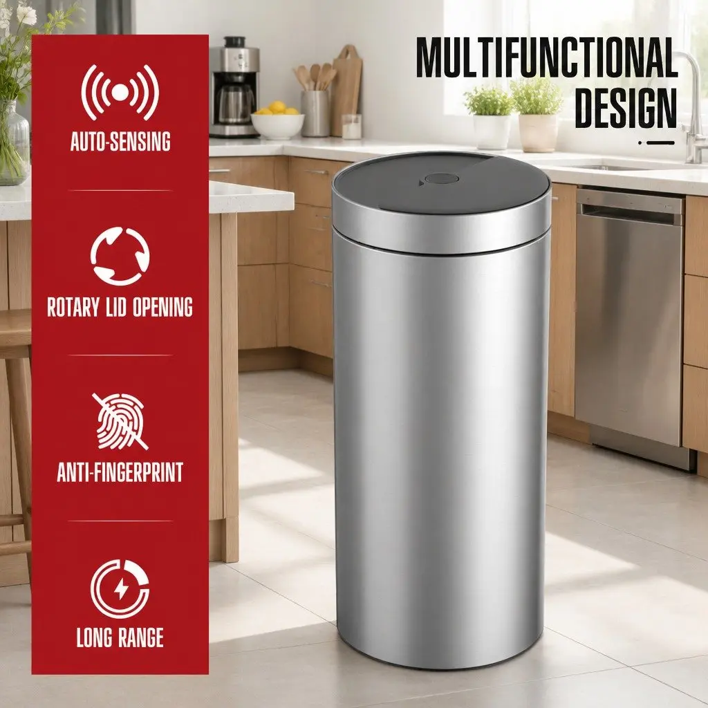 40L Touchless Stainless Steel Kitchen Trash Can Automatic Sensing Waste Bin Silver