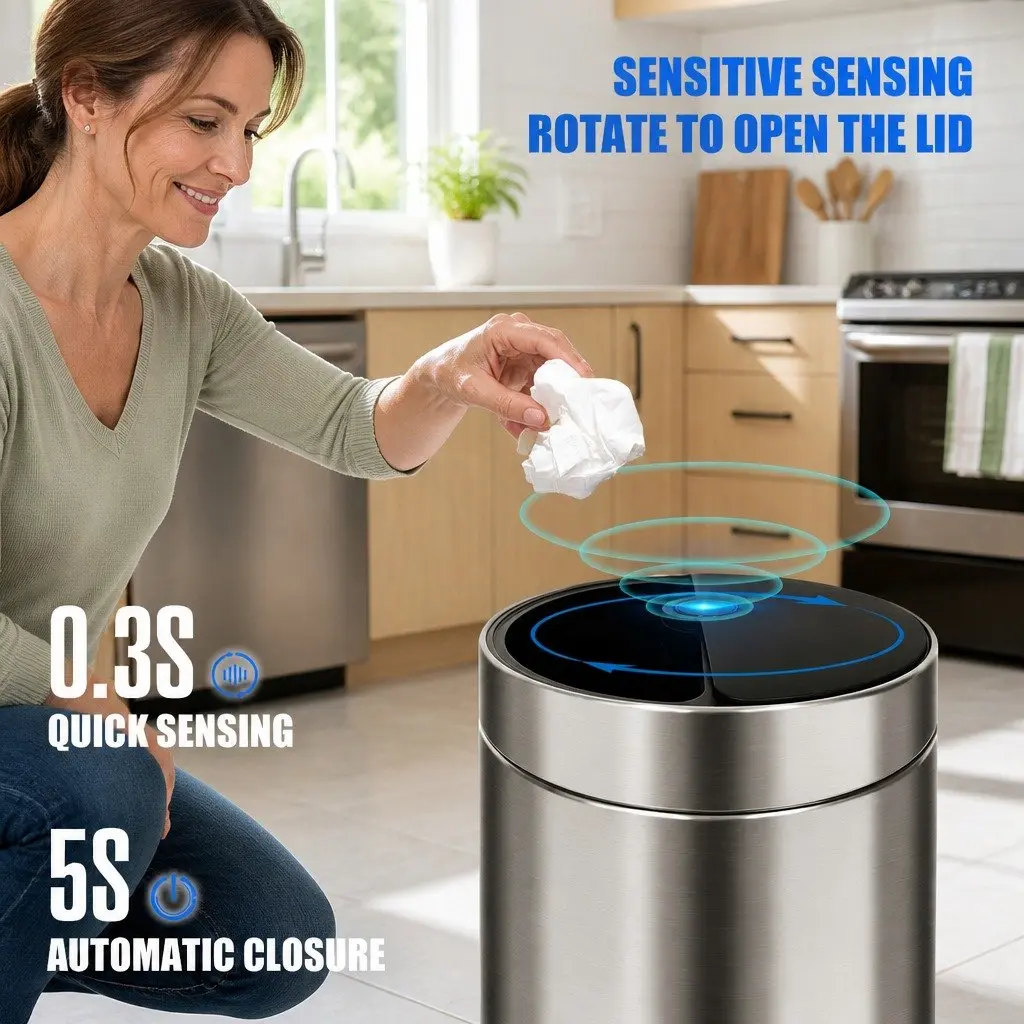 40L Touchless Stainless Steel Kitchen Trash Can Automatic Sensing Waste Bin Silver