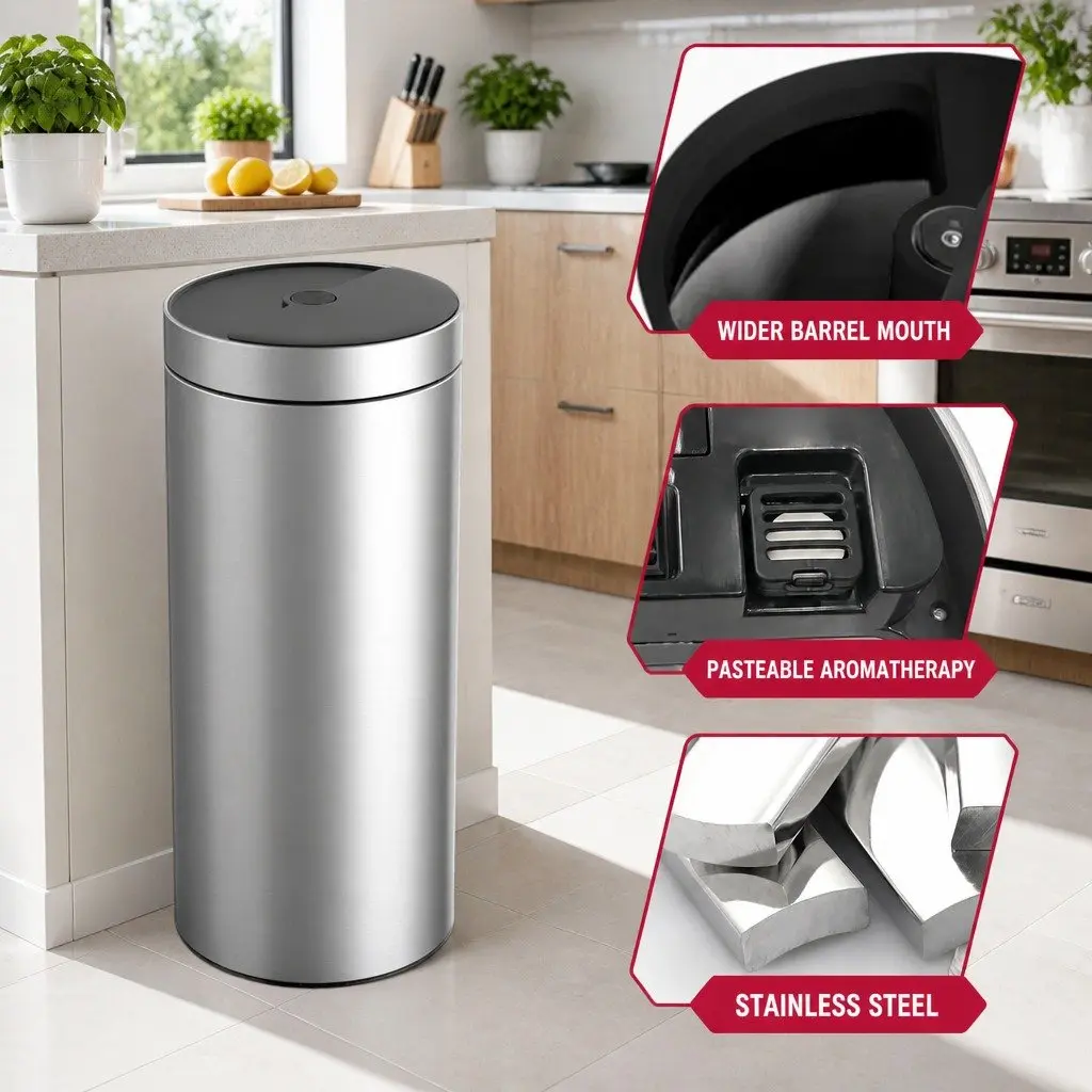 40L Touchless Stainless Steel Kitchen Trash Can Automatic Sensing Waste Bin Silver