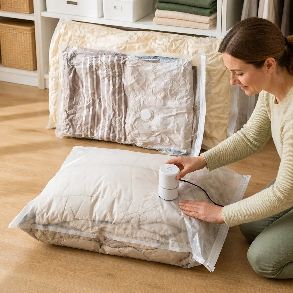 Vacuum Compression Storage Bag Household Organiser M Size White PA PE Material