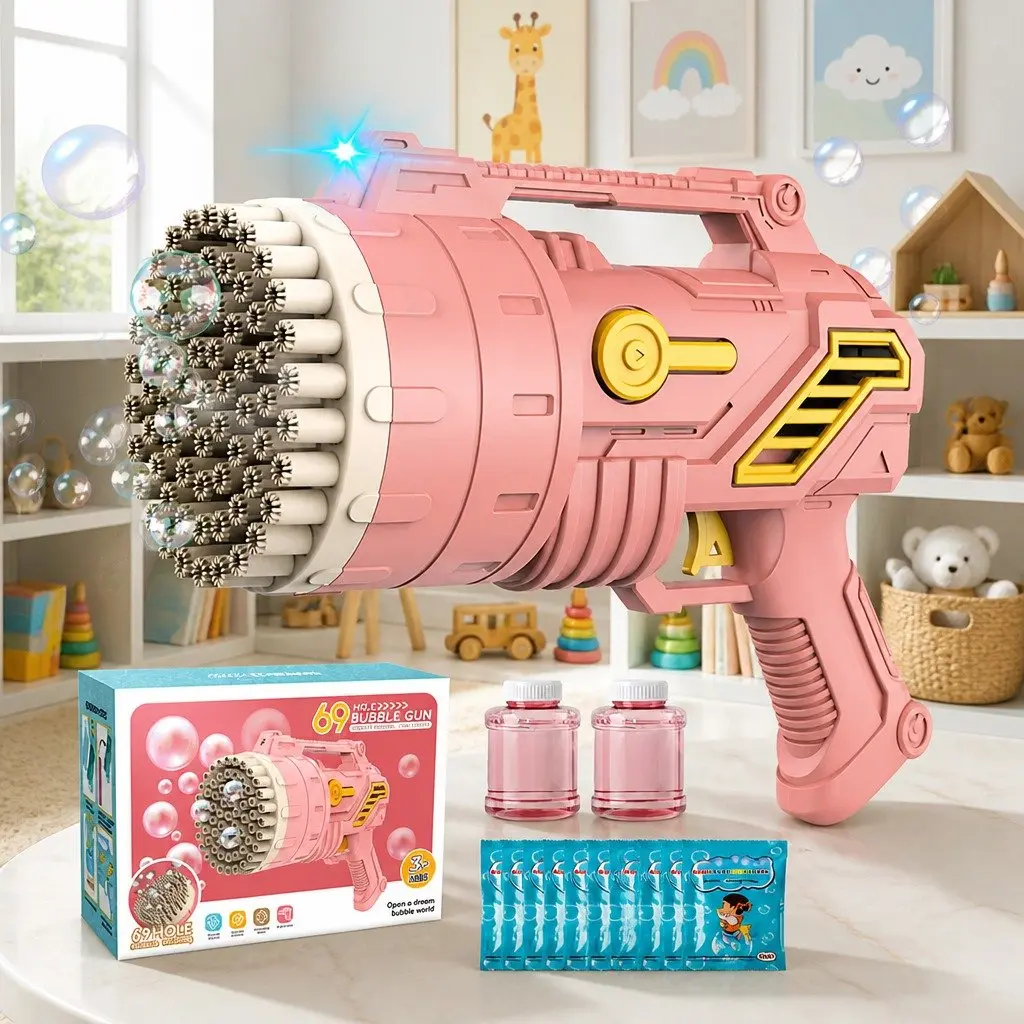 Bubble Gun Toy Hand-Held 69 Hole Plastic Pink