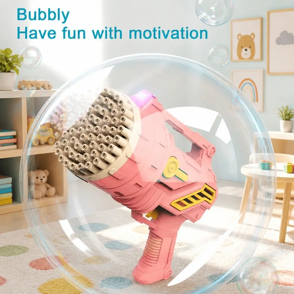 Bubble Gun Toy Hand-Held 69 Hole Plastic Pink
