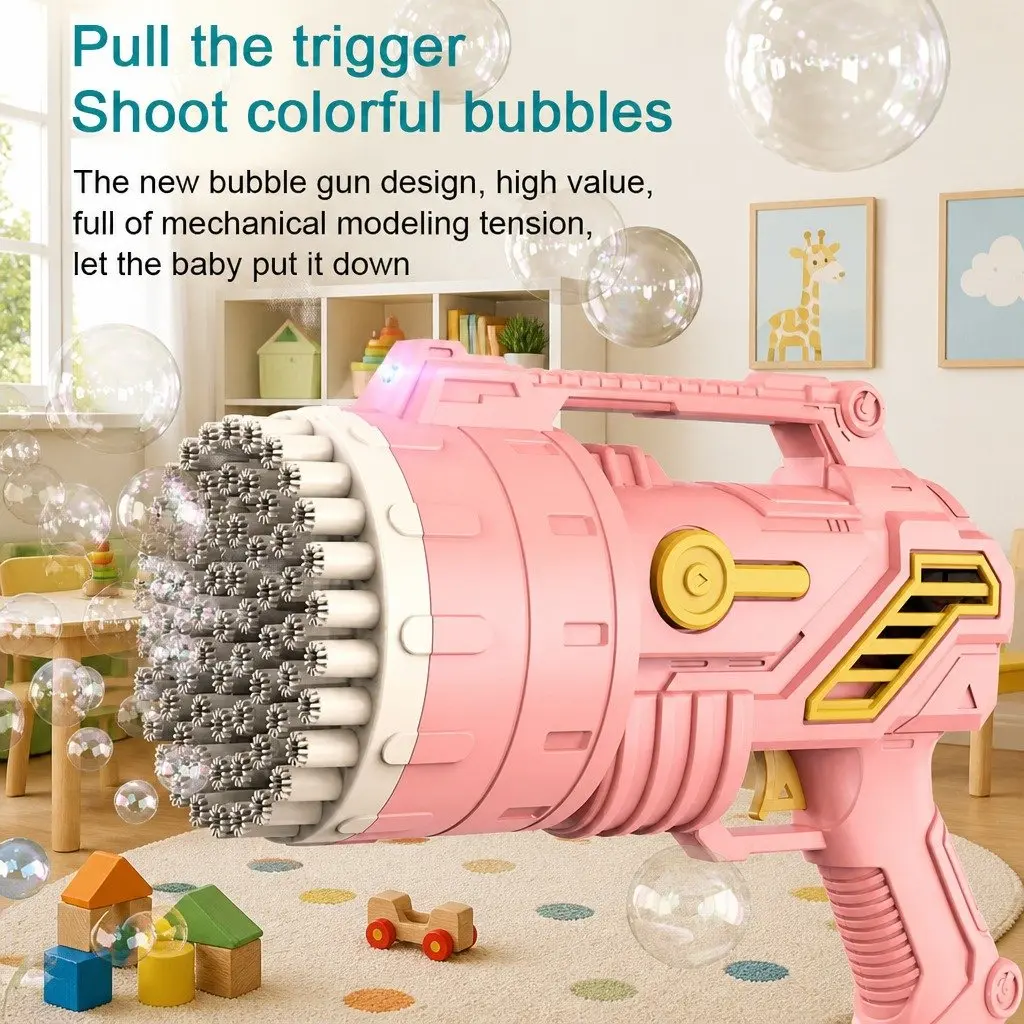Bubble Gun Toy Hand-Held 69 Hole Plastic Pink