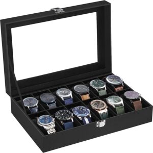 12-Slot Watch Box with Large Glass Lid and Removable Watch Pillows Black Lining