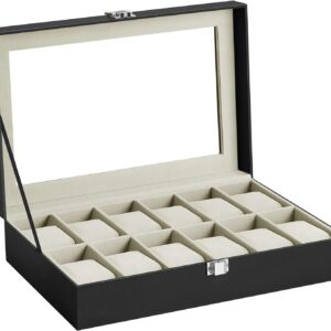 12 Slots Watch Box with Glass Lid and Removable Watch Pillows Beige Lining