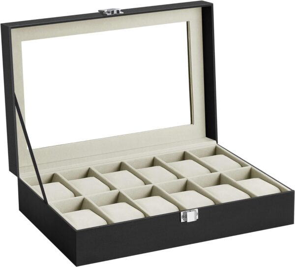 12 Slots Watch Box with Glass Lid and Removable Watch Pillows Beige Lining