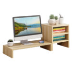 Wooden Desk Monitor Riser Stand With 3Tier Storage Shelves Desktop Bookshelf(Walnut Wood( 01))