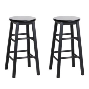 2x Wooden Bar Stools Black Beech 61cm High Round Seat Non Slip Footrest