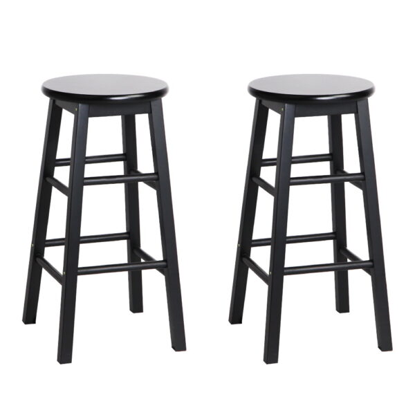 2x Wooden Bar Stools Black Beech 61cm High Round Seat Non Slip Footrest