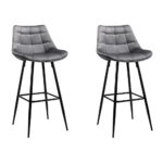 2x Velvet Bar Stools Grey Tufted 76cm Seat Height Metal Footrest Anti Slip Legs