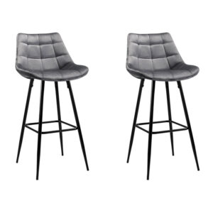 2x Velvet Bar Stools Grey Tufted 76cm Seat Height Metal Footrest Anti Slip Legs