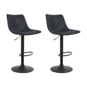 2x Vintage Leather Bar Stools Swivel Adjustable Gas Lift High Back Black 130kg