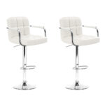 2x Swivel Bar Stools PU Leather Adjustable Height Armrest White 150kg Capacity