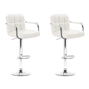 2x Swivel Bar Stools PU Leather Adjustable Height Armrest White 150kg Capacity