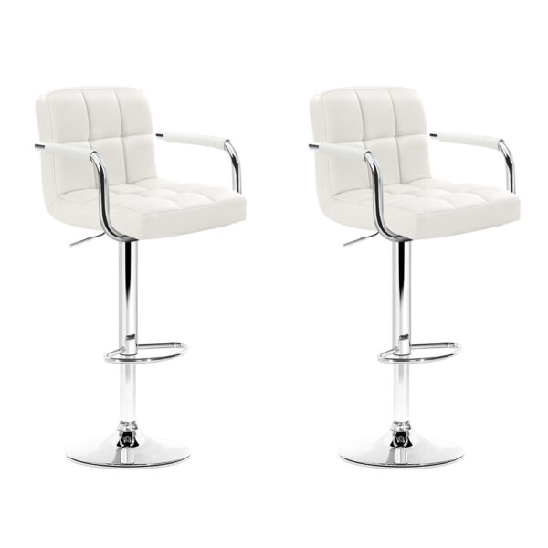 2x Swivel Bar Stools PU Leather Adjustable Height Armrest White 150kg Capacity