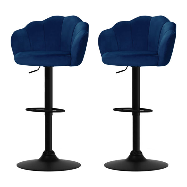 2x Velvet Bar Stools Swivel Adjustable Blue Gas Lift Clam Shell Design 150kg