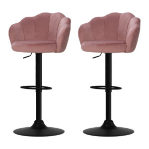 2x Velvet Bar Stools Pink Adjustable Swivel Gas Lift Clam Shell Design 150kg