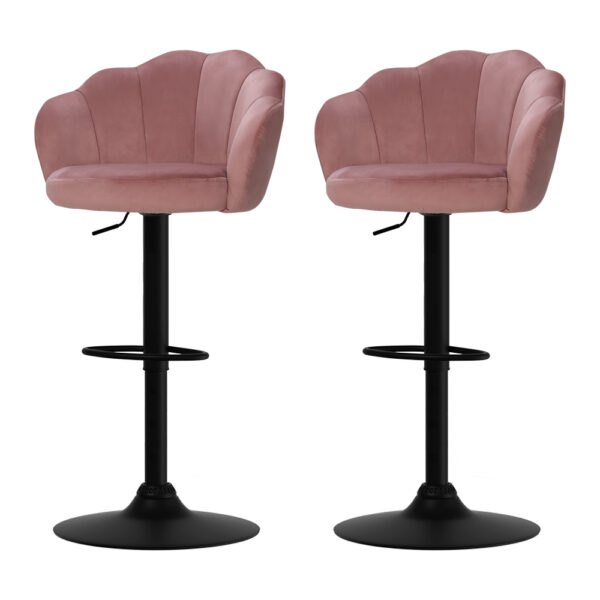 2x Velvet Bar Stools Pink Adjustable Swivel Gas Lift Clam Shell Design 150kg