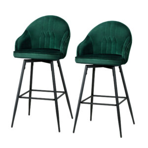 Velvet Swivel Bar Stools 2x Elegant Metal Legs 360° Seat Green 72cm Height