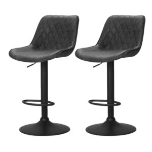 2x Vintage Leather Bar Stools Adjustable Swivel Gas Lift Black Diamond Back