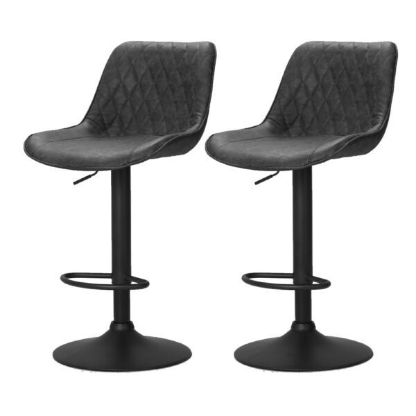 2x Vintage Leather Bar Stools Adjustable Swivel Gas Lift Black Diamond Back