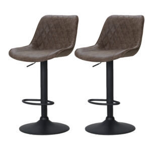 2x Vintage Leather Bar Stools Adjustable Swivel Gas Lift Brown Diamond Back