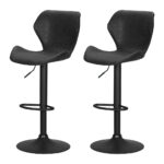 2x Vintage Leather Bar Stools Adjustable Swivel Gas Lift Black Comfort Foam