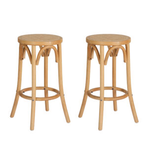 2x Wooden Bar Stools Rattan Seat 65cm Beech Frame 150kg Capacity Anti Slip