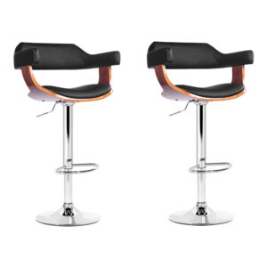 2x Swivel Bar Stools Gas Lift PU Leather Wooden Chrome Base Adjustable Black