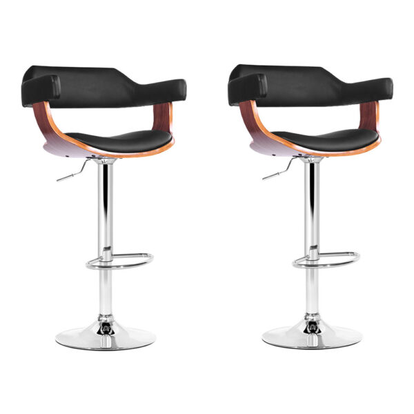 2x Swivel Bar Stools Gas Lift PU Leather Wooden Chrome Base Adjustable Black