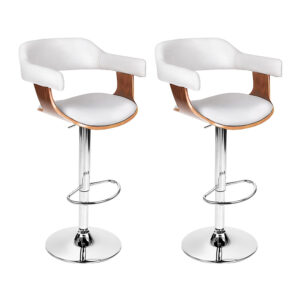 2x Swivel Bar Stools Adjustable PU Leather White Wooden Structure Gas Lift 90 110cm