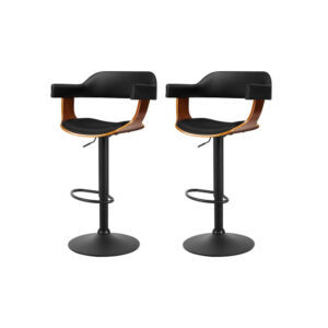 2x Adjustable Bar Stools Leather 360 Swivel Armrest Black 62 82cm Height