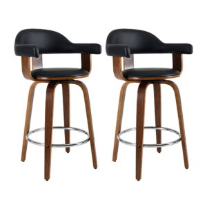 2x Swivel Bar Stools PU Leather Padded Wooden Frame 63cm High Black