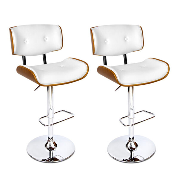 2x Swivel Bar Stools Wooden Chrome Gas Lift Leather White Comfort 130kg Capacity