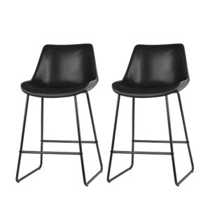 2x Leather Bar Stools Padded Metal Legs 70cm Seat Height Black Elegant Design