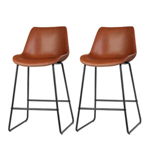 2x Bar Stools Elegant PU Leather Padded 70cm Seat Height Brown Steel Frame