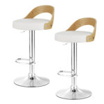 2x Adjustable Bar Stools Swivel Leather Padded White Bentwood Chrome Base 150kg