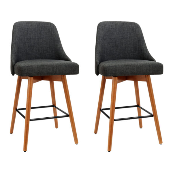 2x Wooden Swivel Bar Stools Charcoal Faux Linen Padded Seat 65cm Height 150kg