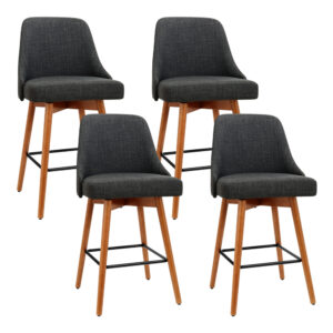 4x Swivel Bar Stools Wooden Frame Charcoal Faux Linen Padded Seat 65cm Height